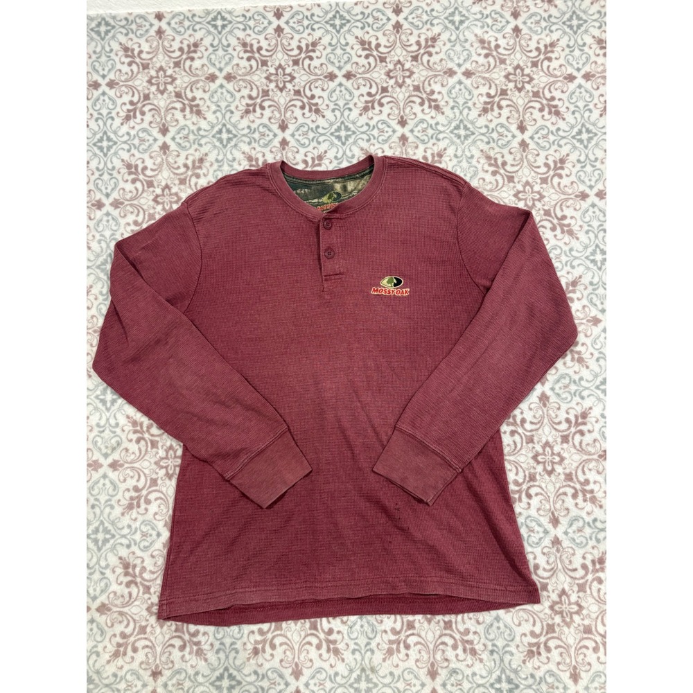 Mossy Oak Mens Waffle Knit Henley Shirt Maroon Long Sleeve Thermal Size M